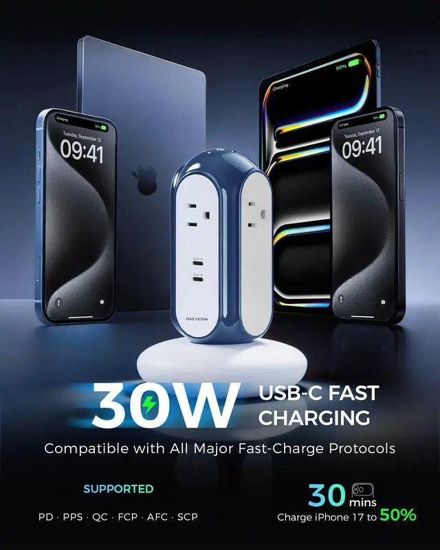 Alt view image 2 of 7 - Power Strip Tower with 2 USB-C Ports (30W Fast Charing), 1420J Surge Protector, 4 AC Outlets, 6.6FT Extension Cord with Overload Protection, 1875W/15A Charging Station for Home Office Desk