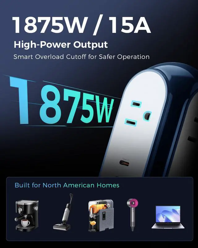 Alt view image 4 of 7 - Power Strip Tower with 2 USB-C Ports (30W Fast Charing), 1420J Surge Protector, 4 AC Outlets, 6.6FT Extension Cord with Overload Protection, 1875W/15A Charging Station for Home Office Desk