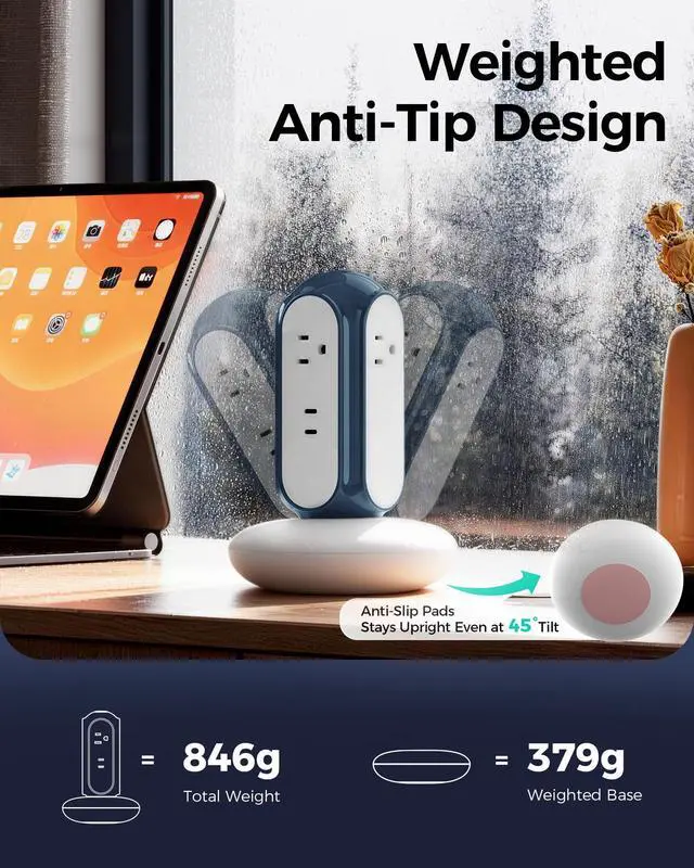Alt view image 7 of 7 - Power Strip Tower with 2 USB-C Ports (30W Fast Charing), 1420J Surge Protector, 4 AC Outlets, 6.6FT Extension Cord with Overload Protection, 1875W/15A Charging Station for Home Office Desk