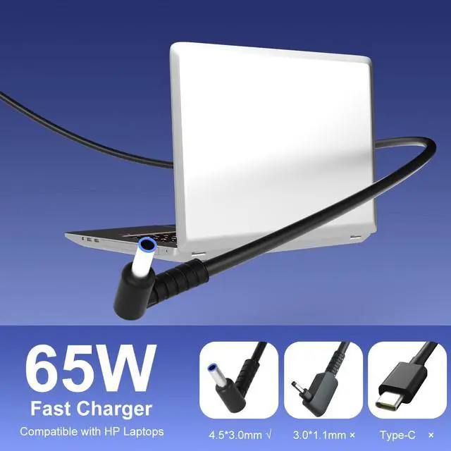 Alt view image 4 of 7 - 65W 45W Computer Charger Smart Blue Tip 4.5mm Compatible with HP | Pavilion x360 14/15/17, Envy 13/15, EliteBook ProBook Chromebook Stream Spectre |19.5V 3.33A 710412-001