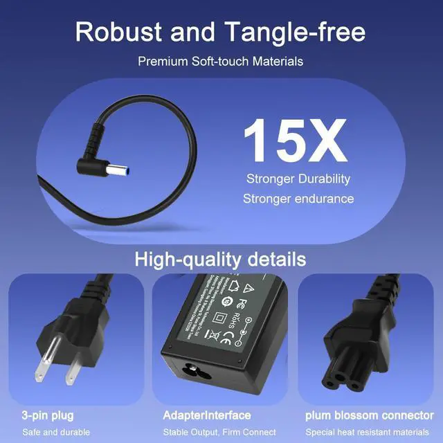 Alt view image 7 of 7 - 65W 45W Computer Charger Smart Blue Tip 4.5mm Compatible with HP | Pavilion x360 14/15/17, Envy 13/15, EliteBook ProBook Chromebook Stream Spectre |19.5V 3.33A 710412-001