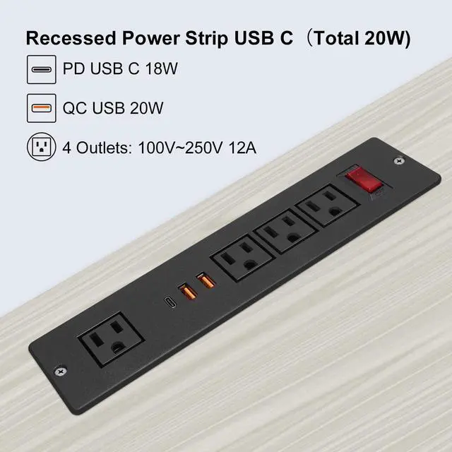 Alt view image 3 of 6 - 20W USB C Recessed Power Strip, Fast Charge Flush Mount Furniture Outlets,Built in Mountable Power Plug for Desk Tabletop Cabinet Drawer Nightstand Black