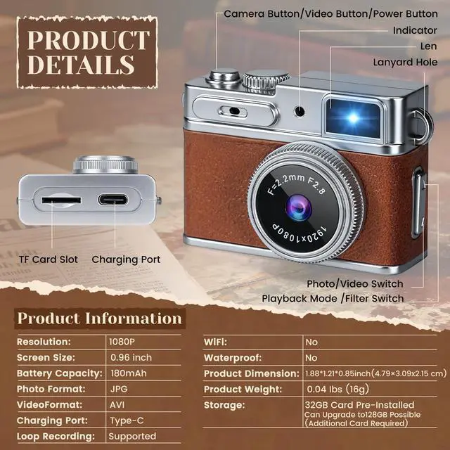 Alt view image 2 of 7 - Mini Keychain Camera - 1080P HD Retro Digital Camera, Compact with 32GB SD Card, 0.96" HD Display, Portable Pocket Video Recorder for Photo Video Travel Recording