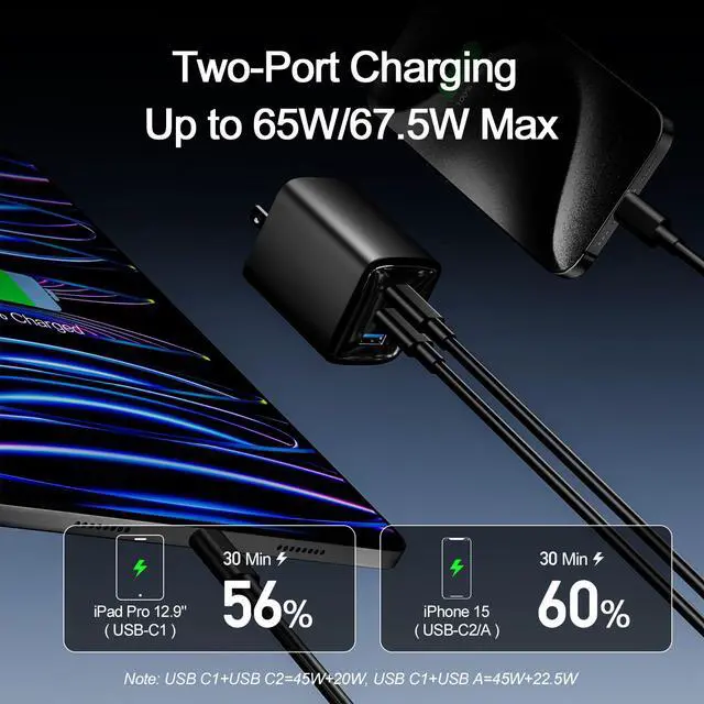 Alt view image 4 of 7 - 70W USB C Charger Block for MacBook Air MacBook Pro, 3-Port Wall Charger Compact Foldable for iPad Pro Air Mini, iPhone 16 15 14 13 12, 45W PPS Fast Charging for Galaxy S24 S23 S22 S21 Note 20, Pixel