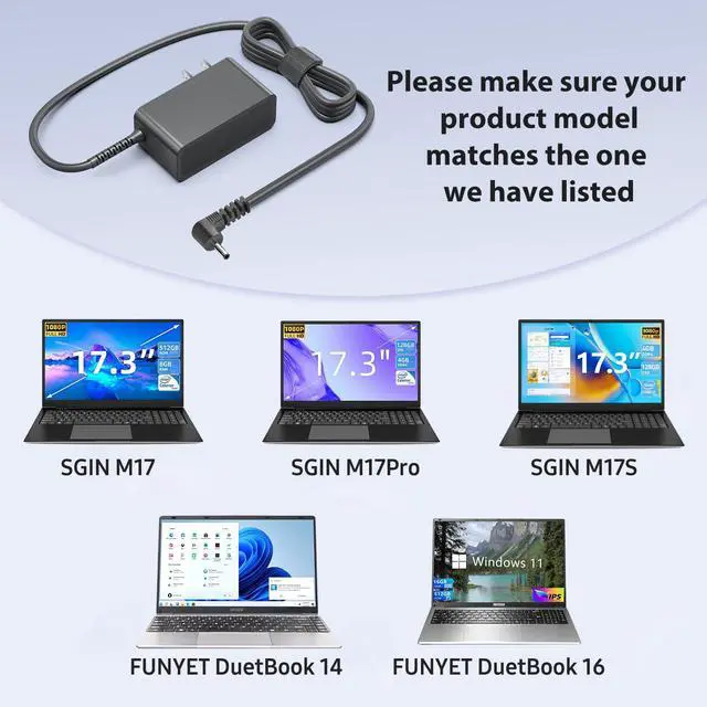 Alt view image 3 of 7 - 12V AC Adapter Charger for SGIN M17 Pro M17Pro M17S 17 Inch 17.3" Windows 11 Laptop Notebook Computer Naclud X15 FUNYET Duetbook 14 NY-01 ApoloSign NJP1561P NJP1561P-02 Power Supply Cord