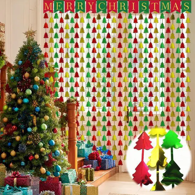 Main image of Christmas Party Decorations, 2 Pcs 3.3x6.6 ft Red Green Gold Christmas Tree Tinsel Foil Fringe Curtains Backdrops & 1 Pcs Xmas Banner Large Photo Booth Props Indoor Party Wall Door Room Decor