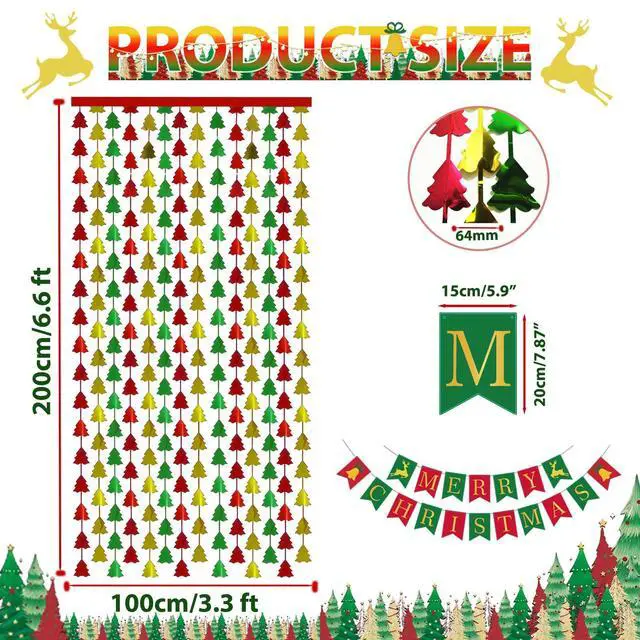 Alt view image 2 of 7 - Christmas Party Decorations, 2 Pcs 3.3x6.6 ft Red Green Gold Christmas Tree Tinsel Foil Fringe Curtains Backdrops & 1 Pcs Xmas Banner Large Photo Booth Props Indoor Party Wall Door Room Decor