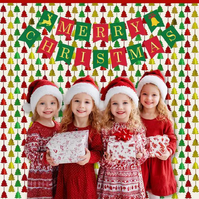 Alt view image 4 of 7 - Christmas Party Decorations, 2 Pcs 3.3x6.6 ft Red Green Gold Christmas Tree Tinsel Foil Fringe Curtains Backdrops & 1 Pcs Xmas Banner Large Photo Booth Props Indoor Party Wall Door Room Decor