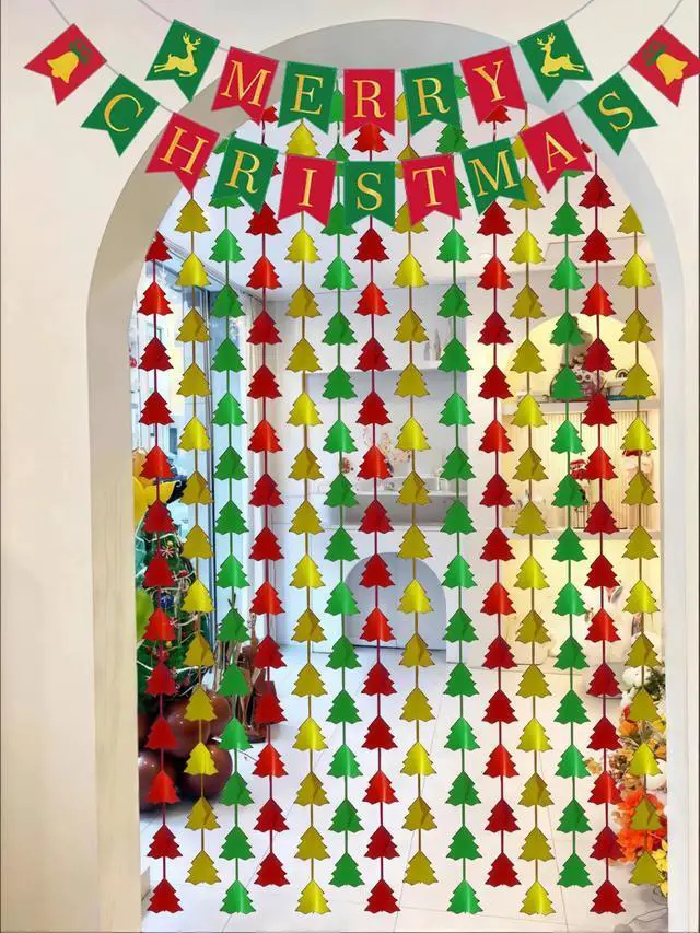 Alt view image 5 of 7 - Christmas Party Decorations, 2 Pcs 3.3x6.6 ft Red Green Gold Christmas Tree Tinsel Foil Fringe Curtains Backdrops & 1 Pcs Xmas Banner Large Photo Booth Props Indoor Party Wall Door Room Decor