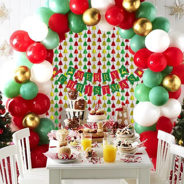 Alt view image 6 of 7 - Christmas Party Decorations, 2 Pcs 3.3x6.6 ft Red Green Gold Christmas Tree Tinsel Foil Fringe Curtains Backdrops & 1 Pcs Xmas Banner Large Photo Booth Props Indoor Party Wall Door Room Decor
