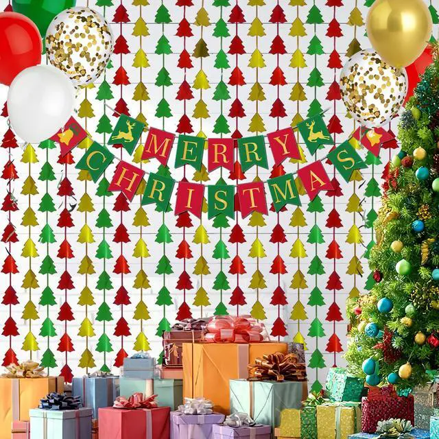 Alt view image 7 of 7 - Christmas Party Decorations, 2 Pcs 3.3x6.6 ft Red Green Gold Christmas Tree Tinsel Foil Fringe Curtains Backdrops & 1 Pcs Xmas Banner Large Photo Booth Props Indoor Party Wall Door Room Decor