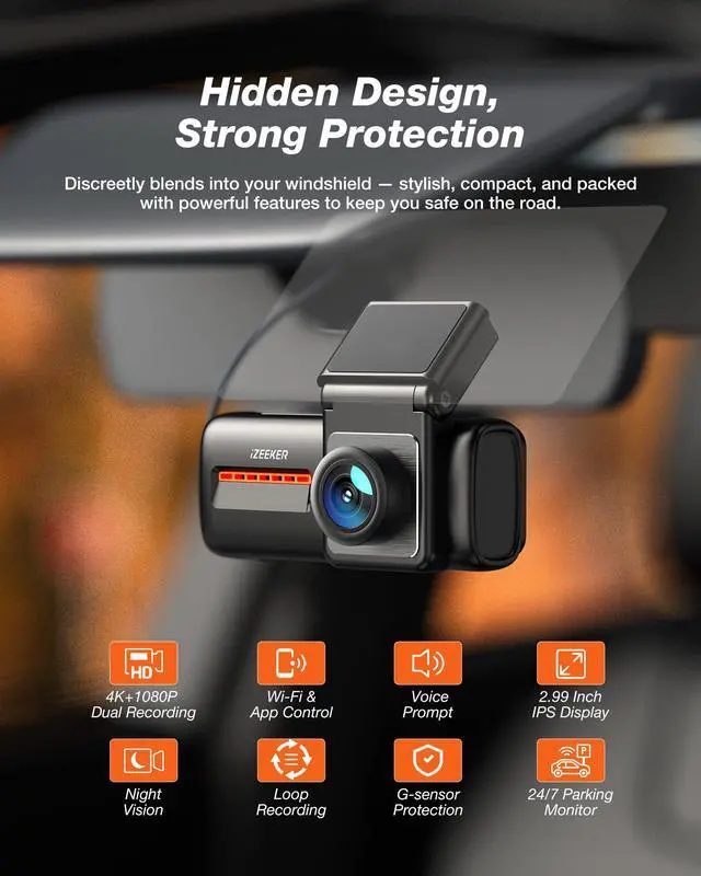Alt view image 2 of 7 - 4K Dash Cam Front and Rear, 4K+1080P Dual Dash Camera for Cars | 2.99" Display, WiFi6, APP Control, Night Vision, WDR, G-Sensor, Loop Recording, 24H Parking Mode, Voice Prompt, No SD Card