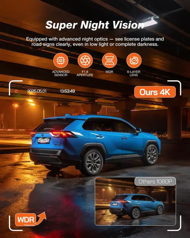 Alt view image 5 of 7 - 4K Dash Cam Front and Rear, 4K+1080P Dual Dash Camera for Cars | 2.99" Display, WiFi6, APP Control, Night Vision, WDR, G-Sensor, Loop Recording, 24H Parking Mode, Voice Prompt, No SD Card