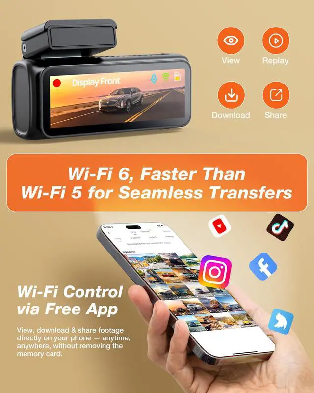 Alt view image 4 of 7 - 4K Dash Cam Front and Rear, 4K+1080P Dual Dash Camera for Cars | 2.99" Display, WiFi6, APP Control, Night Vision, WDR, G-Sensor, Loop Recording, 24H Parking Mode, Voice Prompt, No SD Card