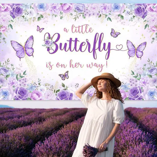 Alt view image 4 of 7 - Butterfly Baby Shower Decorations Banner for Girls A Little Butterfly is On Her Way Photo Backdrop Princess Baby Shower Banner Party Photo Booth Props (Purple, 6x3.6ft)