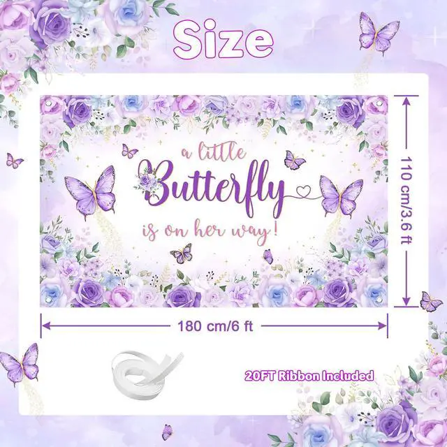Alt view image 2 of 7 - Butterfly Baby Shower Decorations Banner for Girls A Little Butterfly is On Her Way Photo Backdrop Princess Baby Shower Banner Party Photo Booth Props (Purple, 6x3.6ft)