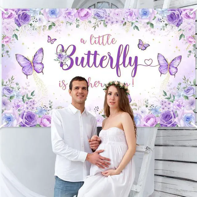 Alt view image 6 of 7 - Butterfly Baby Shower Decorations Banner for Girls A Little Butterfly is On Her Way Photo Backdrop Princess Baby Shower Banner Party Photo Booth Props (Purple, 6x3.6ft)