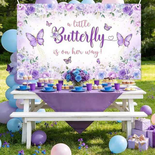 Alt view image 3 of 7 - Butterfly Baby Shower Decorations Banner for Girls A Little Butterfly is On Her Way Photo Backdrop Princess Baby Shower Banner Party Photo Booth Props (Purple, 6x3.6ft)