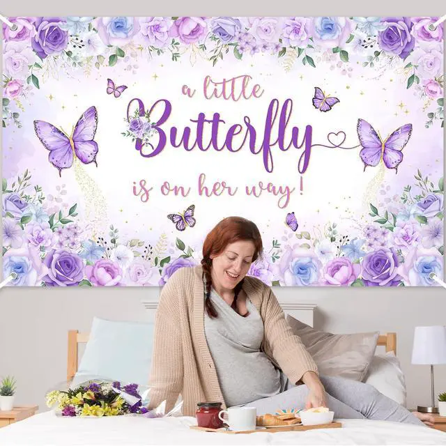 Alt view image 7 of 7 - Butterfly Baby Shower Decorations Banner for Girls A Little Butterfly is On Her Way Photo Backdrop Princess Baby Shower Banner Party Photo Booth Props (Purple, 6x3.6ft)