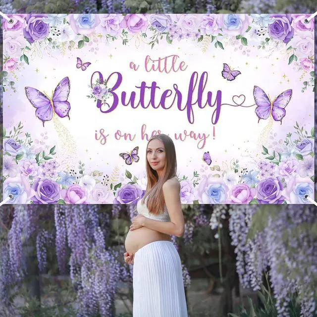 Alt view image 5 of 7 - Butterfly Baby Shower Decorations Banner for Girls A Little Butterfly is On Her Way Photo Backdrop Princess Baby Shower Banner Party Photo Booth Props (Purple, 6x3.6ft)