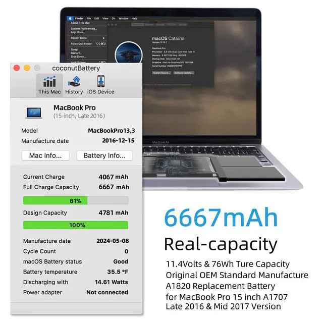 Alt view image 2 of 6 - A1707 Battery Replacement, A1820 Battery for MacBook Pro 15 inch 2016 2017 Touch Bar Version Model EMC 3162 3072 Identifier MacBookPro13,3 & MacBookPro14,3 (A1707 A1820 Battery & Tool Set)