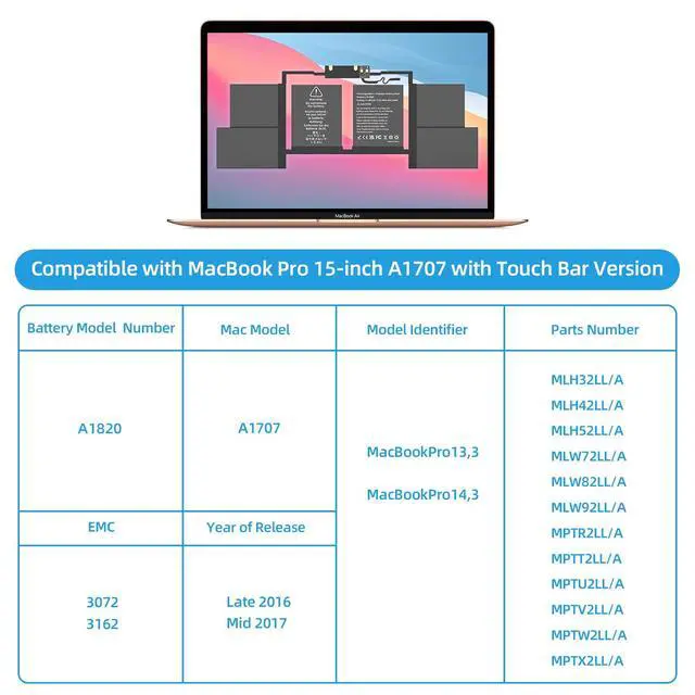 Alt view image 4 of 6 - A1707 Battery Replacement, A1820 Battery for MacBook Pro 15 inch 2016 2017 Touch Bar Version Model EMC 3162 3072 Identifier MacBookPro13,3 & MacBookPro14,3 (A1707 A1820 Battery & Tool Set)