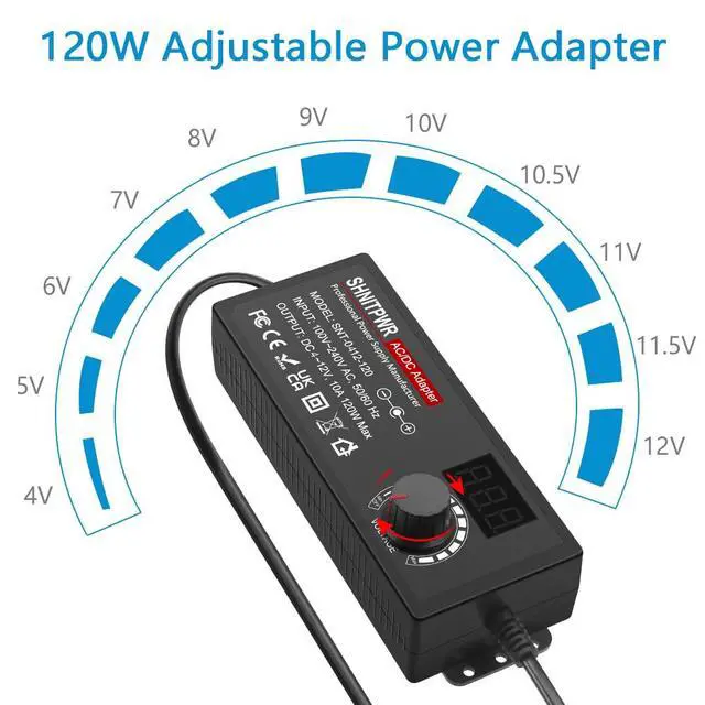 Alt view image 2 of 7 - 3.5V - 12V Power Supply 10A 120W AC to DC Adapter DC 4V 4.5V 5V 6V 7V 8V 9V 10V 12V Voltage Adjustable Universal Power Converter Transformer 100-240V AC in with 14 Tips & Polarity Converter