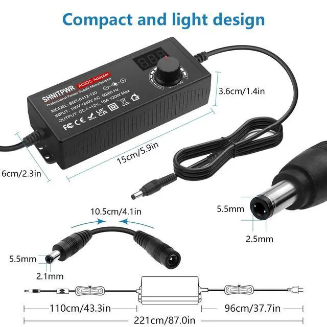 Alt view image 3 of 7 - 3.5V - 12V Power Supply 10A 120W AC to DC Adapter DC 4V 4.5V 5V 6V 7V 8V 9V 10V 12V Voltage Adjustable Universal Power Converter Transformer 100-240V AC in with 14 Tips & Polarity Converter