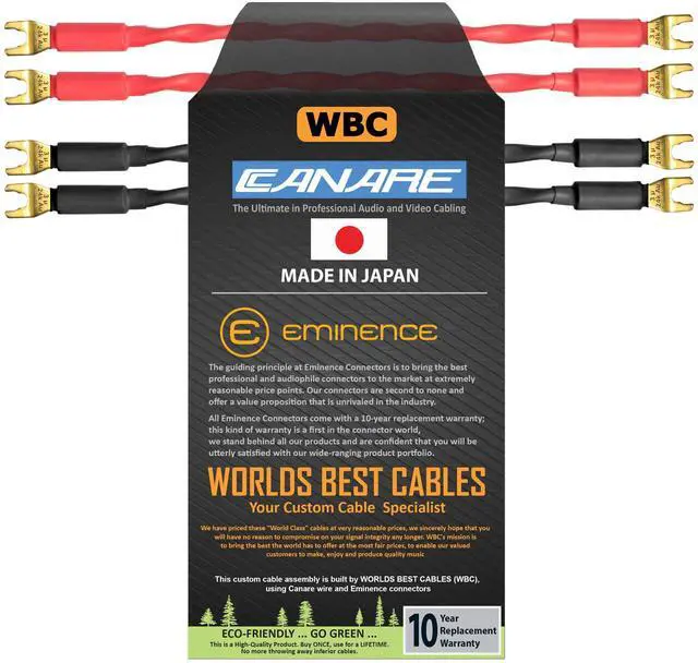 Main image of 4 Units - 6 Inch - Canare 4S11 Audiophile Grade - 11AWG - HiFi Speaker Jumper Cable Terminated with Gold Spade Connectors