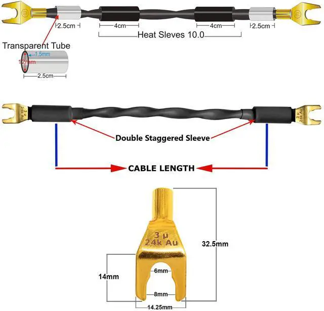 Alt view image 5 of 6 - 4 Units - 6 Inch - Canare 4S11 Audiophile Grade - 11AWG - HiFi Speaker Jumper Cable Terminated with Gold Spade Connectors