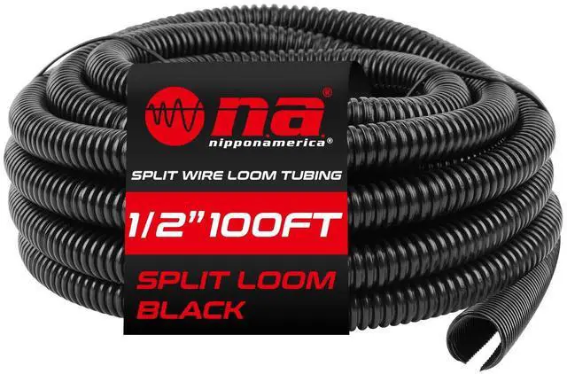 Main image of 1/2" x 100 ft Split Wire Loom (LM-12-100 BLK), Flexible, Chemical-Resistant Protective tubing for Automotive, Home, and Industrial Wires, Prevents wear and organizes Cables