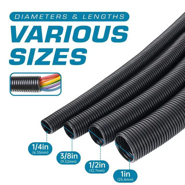 Alt view image 2 of 7 - 1/2" x 100 ft Split Wire Loom (LM-12-100 BLK), Flexible, Chemical-Resistant Protective tubing for Automotive, Home, and Industrial Wires, Prevents wear and organizes Cables
