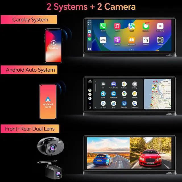 Alt view image 2 of 7 - K2 PRO 11.3'' Wireless CarPlay Screen 4K Dash Cam Portable Android Auto Car Stereo Video Recording, Car Audio Receivers 1080P Backup Camera, Bt/GPS Navigation/AirPlay/Siri