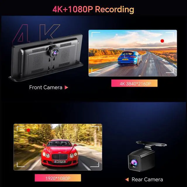 Alt view image 3 of 7 - K2 PRO 11.3'' Wireless CarPlay Screen 4K Dash Cam Portable Android Auto Car Stereo Video Recording, Car Audio Receivers 1080P Backup Camera, Bt/GPS Navigation/AirPlay/Siri