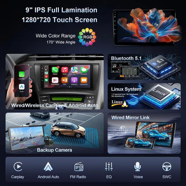 Alt view image 4 of 7 - Linux Car Stereo for Toyota Prius (Non JBL) 2010 2011 2012 2014 2015 | 9'' IPS Screen Fast Boot Radio for Prius Car Play with Wireless Carplay Android Auto SWC Bluetooth FM EQ Backup Camera