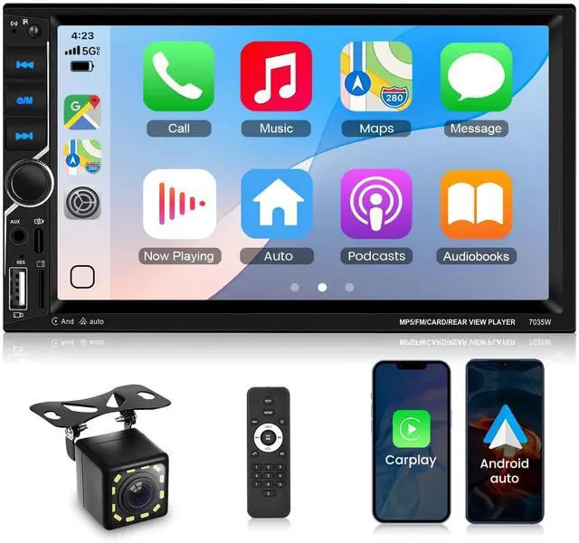 Main image of Double DIN Car Stereo with Wireless CarPlay Android Auto, 7 Inch Touchscreen Radio, Universal 2 Din Head Unit Bluetooth 5.0 FM SWC EQ USB-C Mirror Link Backup Camera