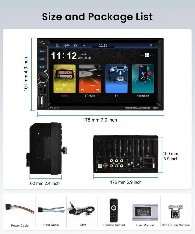 Alt view image 2 of 7 - Double DIN Car Stereo with Wireless CarPlay Android Auto, 7 Inch Touchscreen Radio, Universal 2 Din Head Unit Bluetooth 5.0 FM SWC EQ USB-C Mirror Link Backup Camera