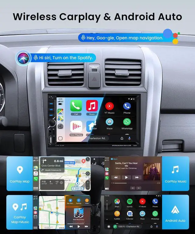Alt view image 3 of 7 - Double DIN Car Stereo with Wireless CarPlay Android Auto, 7 Inch Touchscreen Radio, Universal 2 Din Head Unit Bluetooth 5.0 FM SWC EQ USB-C Mirror Link Backup Camera