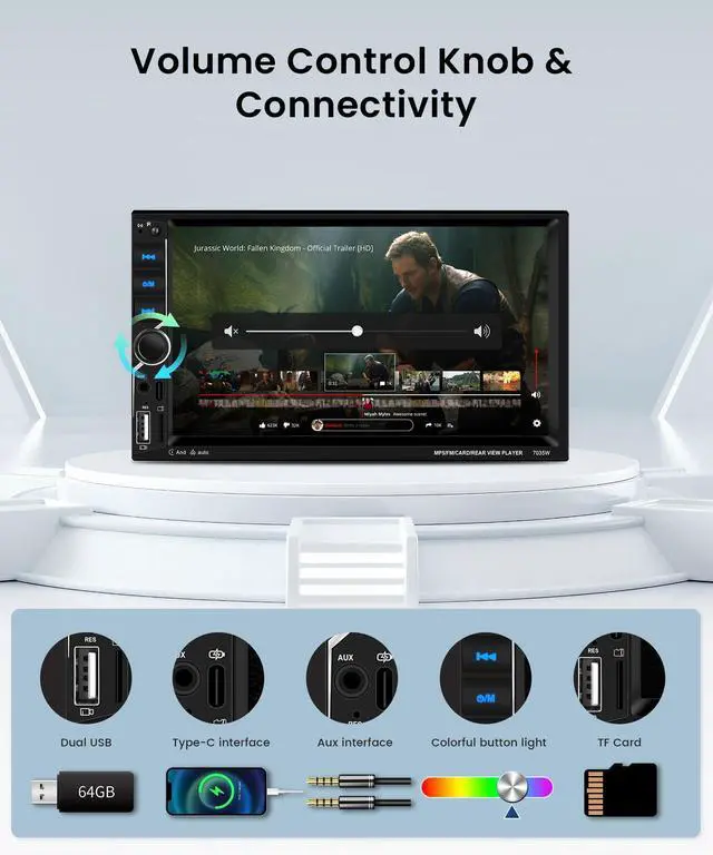 Alt view image 4 of 7 - Double DIN Car Stereo with Wireless CarPlay Android Auto, 7 Inch Touchscreen Radio, Universal 2 Din Head Unit Bluetooth 5.0 FM SWC EQ USB-C Mirror Link Backup Camera