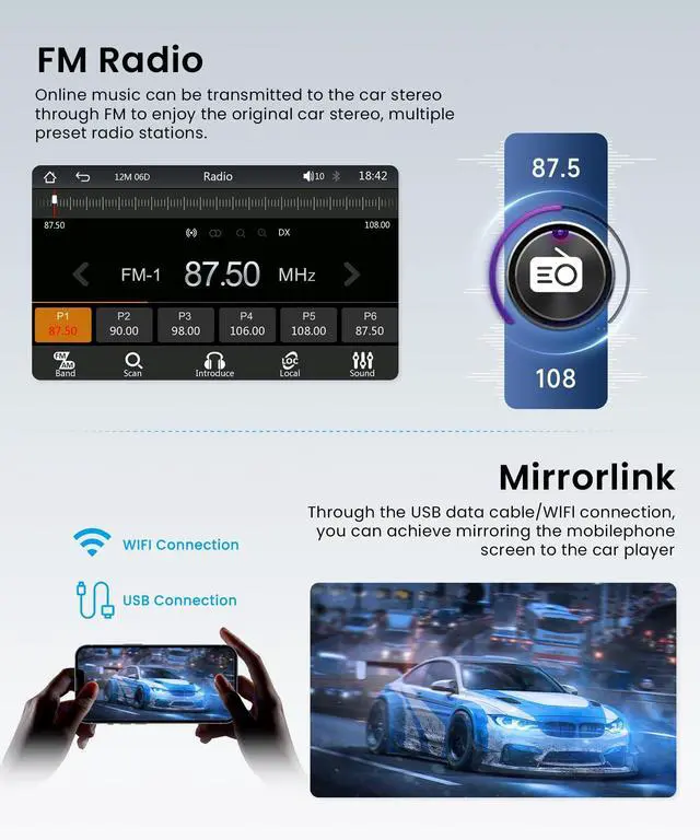Alt view image 5 of 7 - Double DIN Car Stereo with Wireless CarPlay Android Auto, 7 Inch Touchscreen Radio, Universal 2 Din Head Unit Bluetooth 5.0 FM SWC EQ USB-C Mirror Link Backup Camera