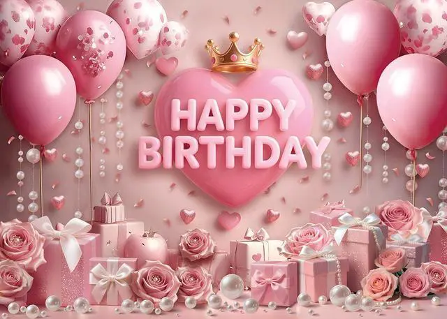 Alt view image 2 of 7 - Pink Happy Birthday Backdrop Rose Gold Floral Heart Crown Balloon Elegant Photography Background Girls Princess Women Birthday Baby Shower Party Decor Banner Photo Supplies (7x5FT)