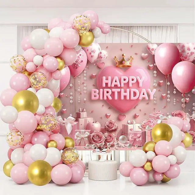 Alt view image 3 of 7 - Pink Happy Birthday Backdrop Rose Gold Floral Heart Crown Balloon Elegant Photography Background Girls Princess Women Birthday Baby Shower Party Decor Banner Photo Supplies (7x5FT)