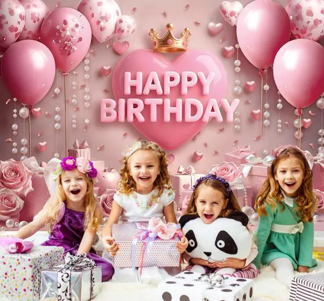 Alt view image 4 of 7 - Pink Happy Birthday Backdrop Rose Gold Floral Heart Crown Balloon Elegant Photography Background Girls Princess Women Birthday Baby Shower Party Decor Banner Photo Supplies (7x5FT)