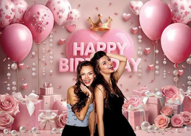 Alt view image 6 of 7 - Pink Happy Birthday Backdrop Rose Gold Floral Heart Crown Balloon Elegant Photography Background Girls Princess Women Birthday Baby Shower Party Decor Banner Photo Supplies (7x5FT)