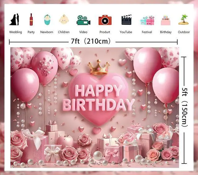 Alt view image 7 of 7 - Pink Happy Birthday Backdrop Rose Gold Floral Heart Crown Balloon Elegant Photography Background Girls Princess Women Birthday Baby Shower Party Decor Banner Photo Supplies (7x5FT)