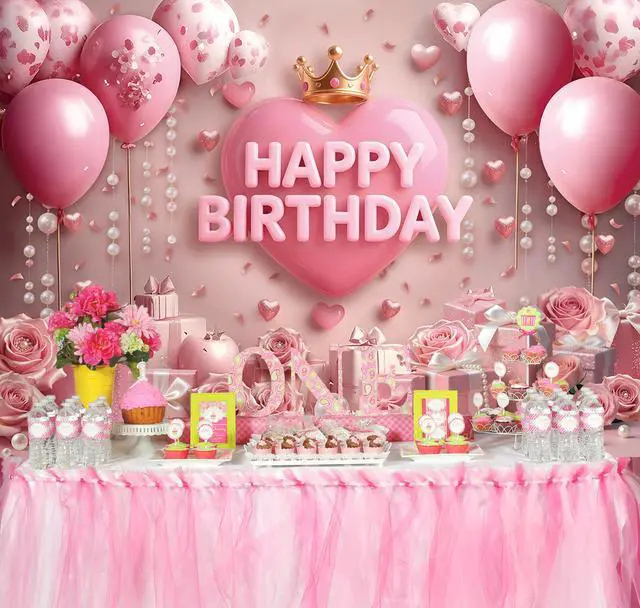 Alt view image 5 of 7 - Pink Happy Birthday Backdrop Rose Gold Floral Heart Crown Balloon Elegant Photography Background Girls Princess Women Birthday Baby Shower Party Decor Banner Photo Supplies (7x5FT)