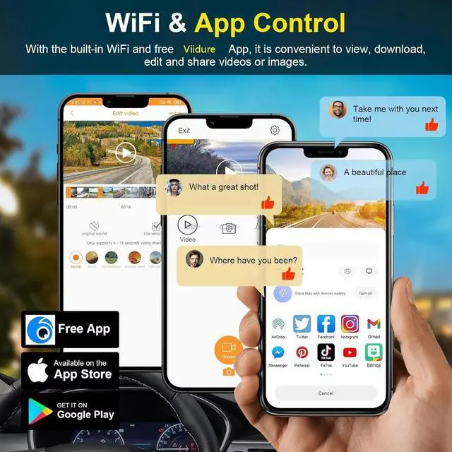Alt view image 4 of 7 - 2K Dash Camera for Car Front and Rear Inside WiFi Dash Cam with Phone App Security Video Recorder, HD 1080P Dashcam 2'' Screen Loop Recording, HDR, G-Sensor