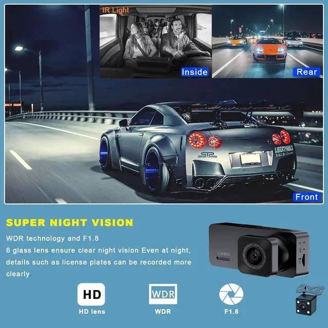 Alt view image 5 of 7 - 2K Dash Camera for Car Front and Rear Inside WiFi Dash Cam with Phone App Security Video Recorder, HD 1080P Dashcam 2'' Screen Loop Recording, HDR, G-Sensor