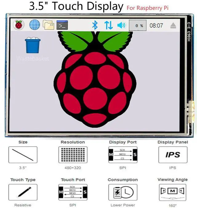 Alt view image 2 of 7 - 3.5" Resistive Touch Screen IPS LCD 480x320, XPT2046 Controller, Compatible with Raspberry Pi 5/4B/3B+/3B/2B/A+/B+/Zero W/Zero 2W