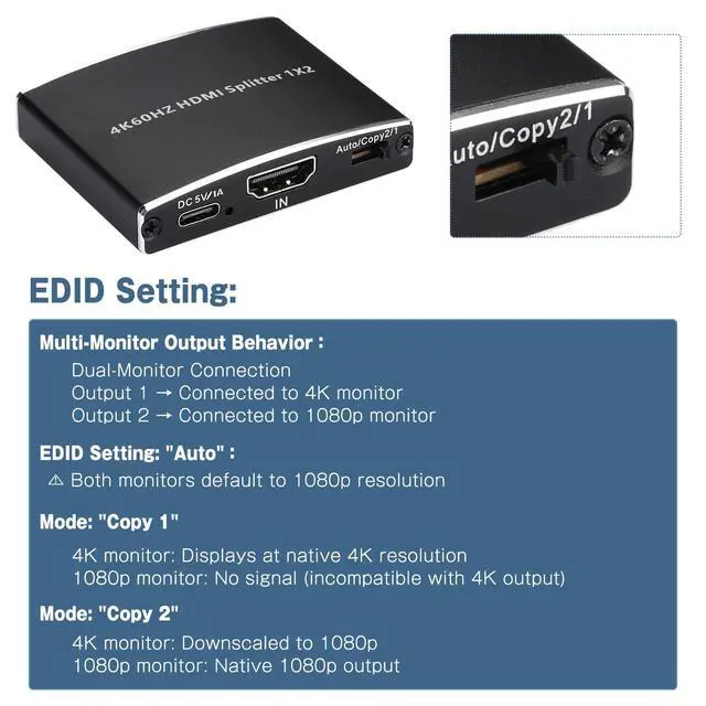 Alt view image 6 of 7 - 2026 Upgraded 4K@60Hz HDMI 2.0b Splitter 1 in 2 Out, 4K HDMI Splitter Duplicate Only, Support 18Gbps HDCP2.2 HDR 3D Dolby Vision, Compatible with TV Box, PS5, DVD Player